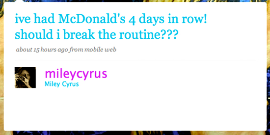 Miley Cyrus' Twitter page Miley Cyrus' Twitter page